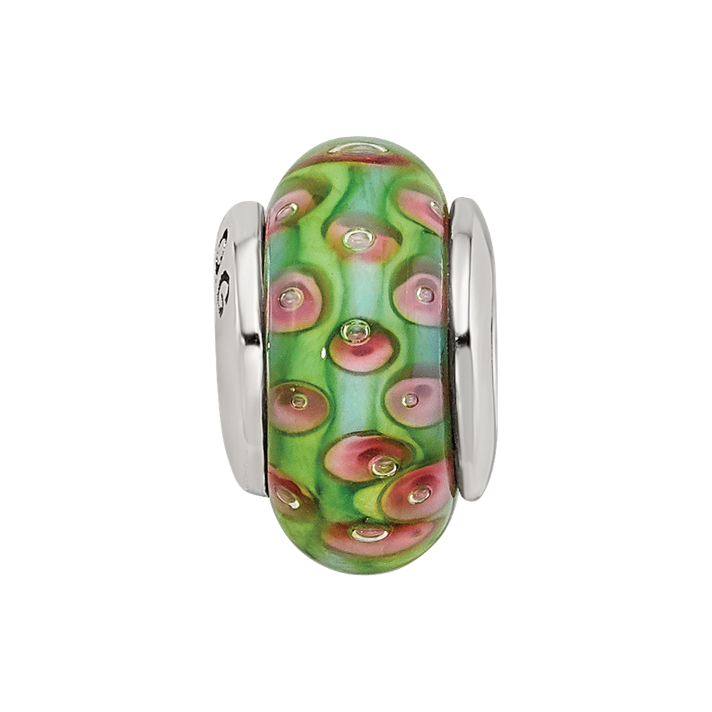 Sterling Silver Reflections Green Blue Hand-blown Glass Bead