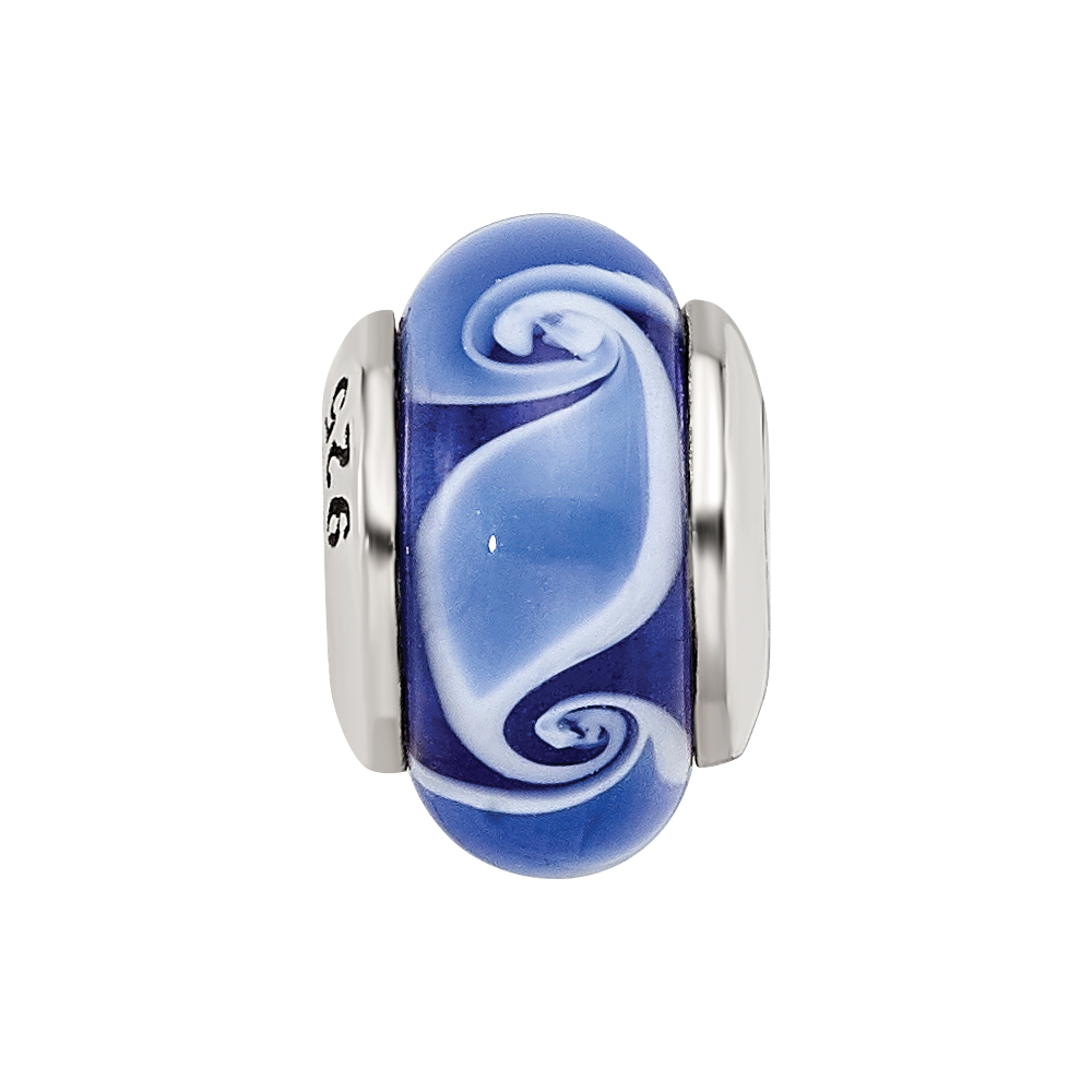 Collection Sterling Silver Hand-blown Blue Glass Wave Pattern Reflections Bead