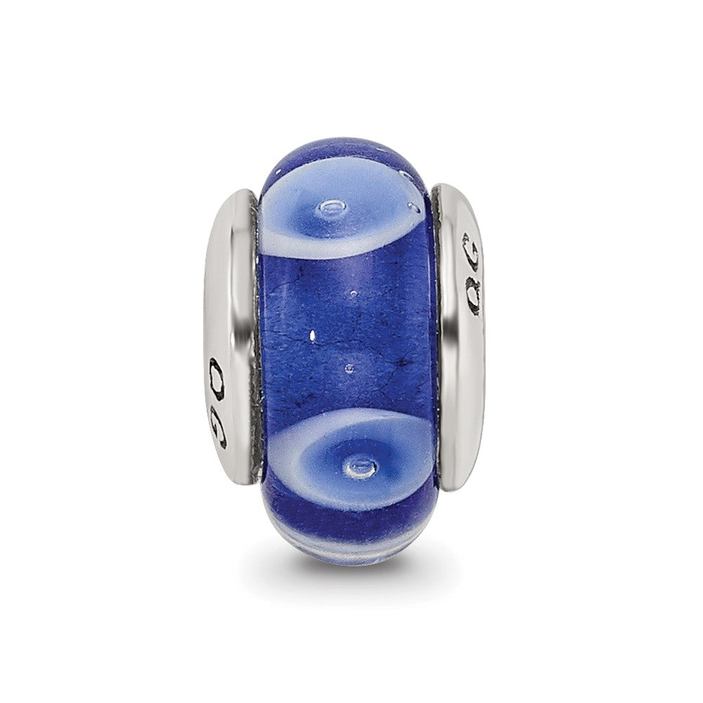 Collection Sterling Silver Hand-blown Blue with White Dots Pattern Glass Reflections Bead