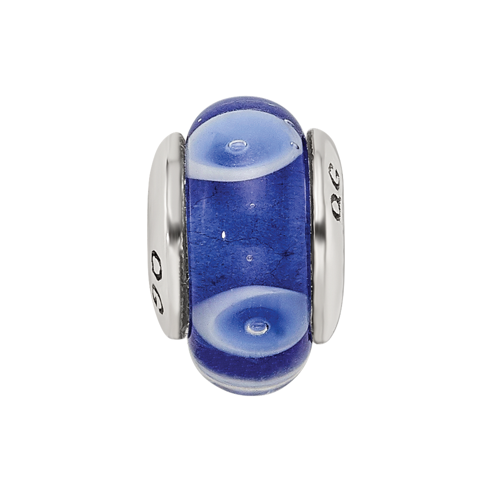 Collection Sterling Silver Hand-blown Blue with White Dots Pattern Glass Reflections Bead